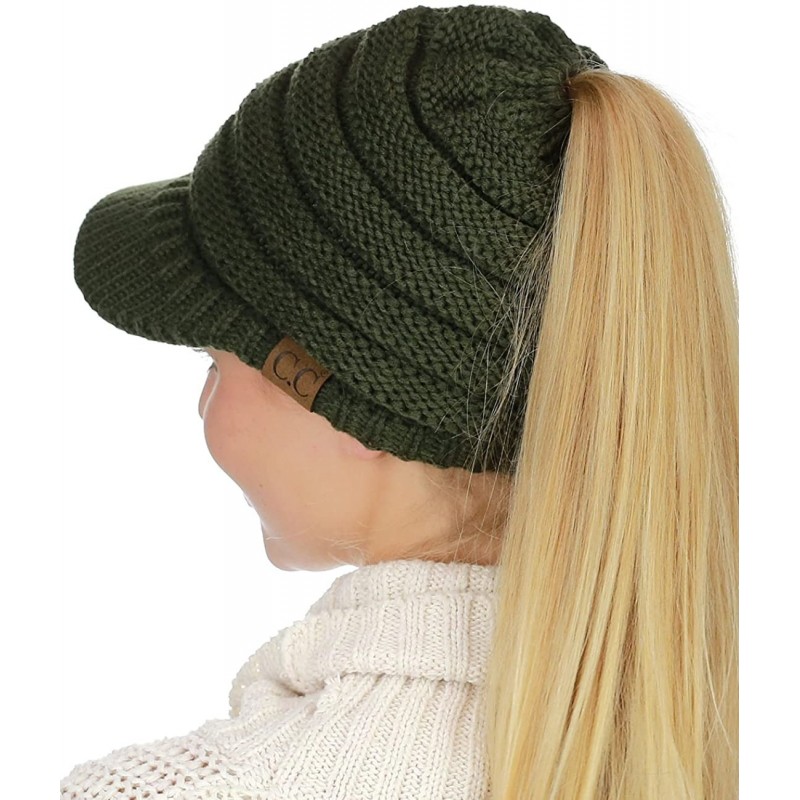 Skullies & Beanies BeanieTail Warm Knit Messy High Bun Ponytail Visor Beanie Cap - Dark Olive - C61880LUKU3 $14.62