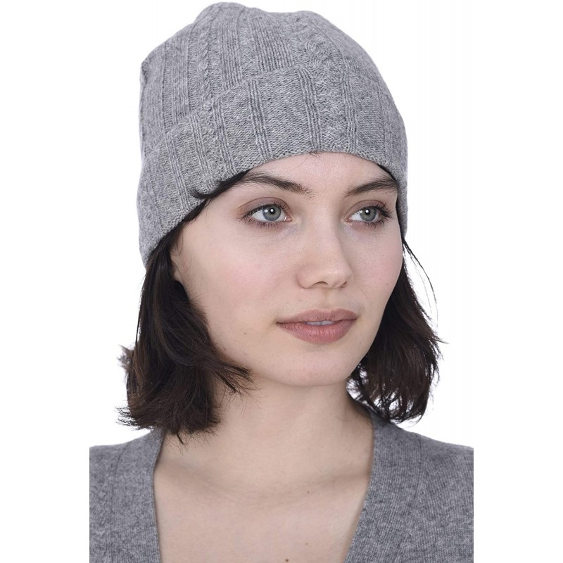 Skullies & Beanies Fold-Over Cable Knit Beanie 100% Pure Cashmere Cuffed Brim Hat for Women - Heather Grey - CE18MHHR6QX $42.54
