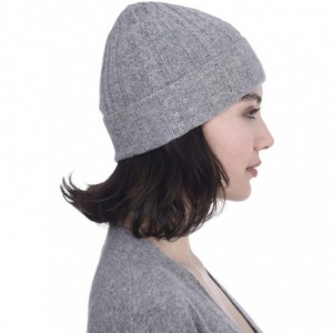 Skullies & Beanies Fold-Over Cable Knit Beanie 100% Pure Cashmere Cuffed Brim Hat for Women - Heather Grey - CE18MHHR6QX $42.54