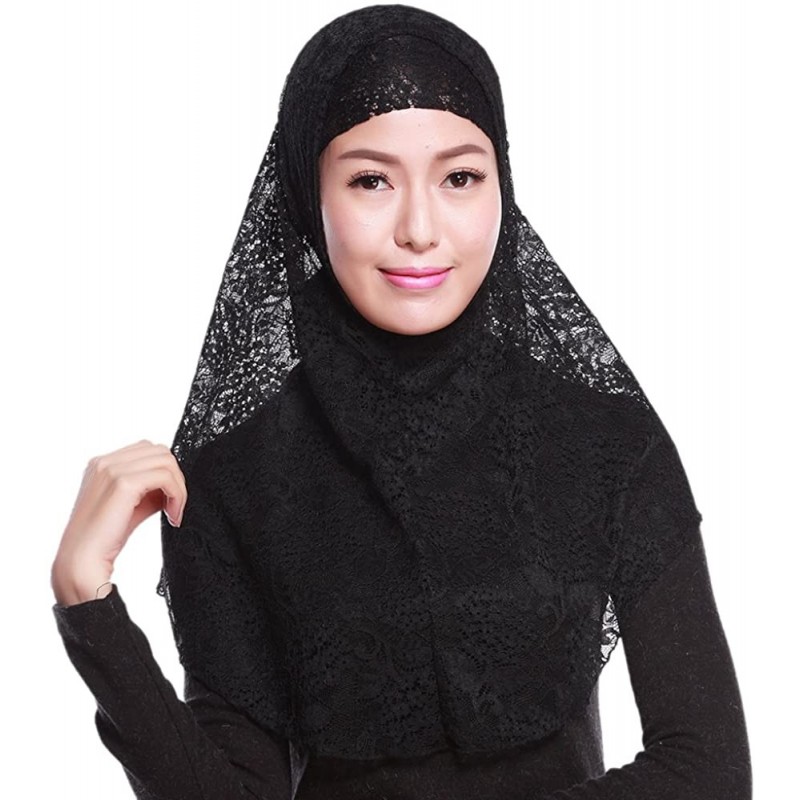 Balaclavas Women's Lace Muslim Islamic Hijab Soft Neck Head Wraps Cap with Outer Scarf - Black - CO12MQMUGP5 $8.04