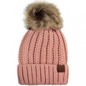 Skullies & Beanies Thick Cable Knit Faux Fuzzy Fur Pom Fleece Lined Skull Cap Cuff Beanie - Indi Pink - CO185ISWAO9 $15.53