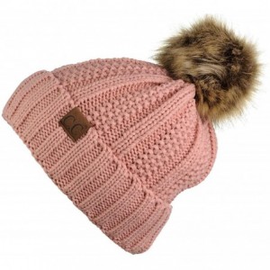 Skullies & Beanies Thick Cable Knit Faux Fuzzy Fur Pom Fleece Lined Skull Cap Cuff Beanie - Indi Pink - CO185ISWAO9 $15.53