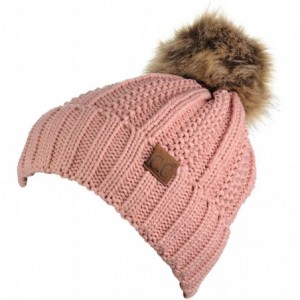 Skullies & Beanies Thick Cable Knit Faux Fuzzy Fur Pom Fleece Lined Skull Cap Cuff Beanie - Indi Pink - CO185ISWAO9 $15.53
