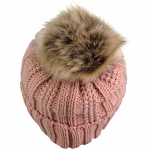 Skullies & Beanies Thick Cable Knit Faux Fuzzy Fur Pom Fleece Lined Skull Cap Cuff Beanie - Indi Pink - CO185ISWAO9 $15.53