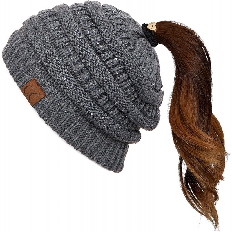 Skullies & Beanies Messy Bun Ponytail Magic Magic Sequin Beanie Hat Bundle Hair Tie (MB-730) - Dk. Mel Grey - CC18I53YSA9 $11.67