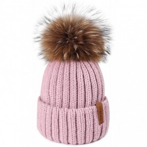 Skullies & Beanies Winter Knit Hat Detachable Real Raccoon Fur Pom Pom Womens Girls Warm Knit Beanie Hat - C518L357OZ3 $16.86