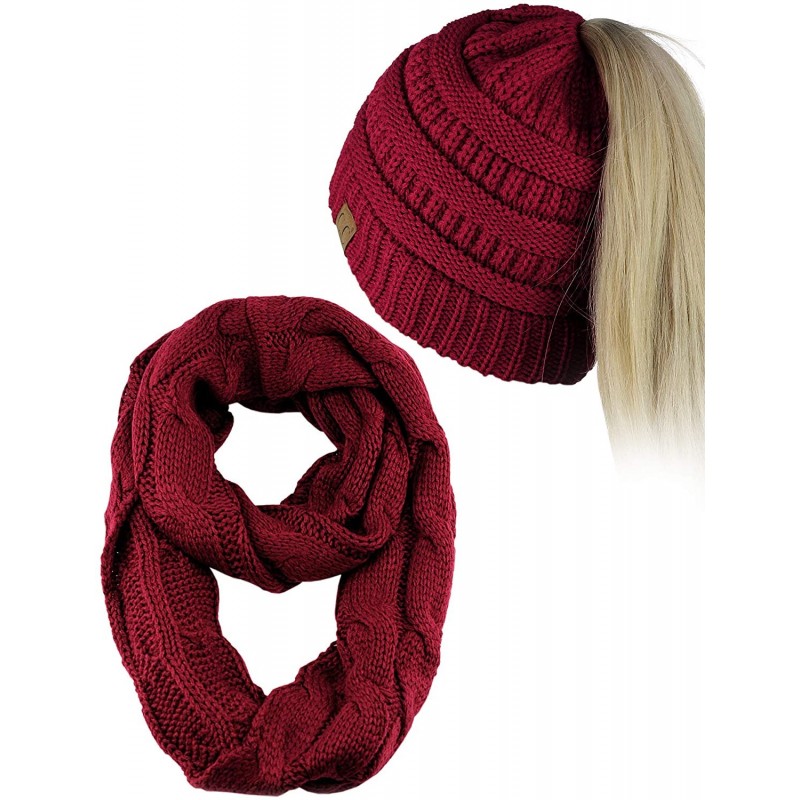 Skullies & Beanies BeanieTail Messy High Bun Cable Knit Beanie and Infinity Loop Scarf Set- Burgundy - CG18KHAZYRA $26.62