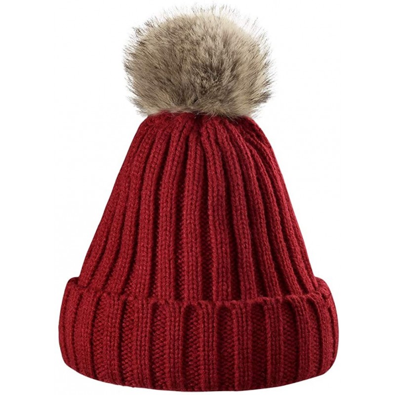 Skullies & Beanies Women Knit Winter Turn up Beanie Hat Faux Fur Pompom Hat for Girls Women - Red - CP18XIQ2QGE $12.85