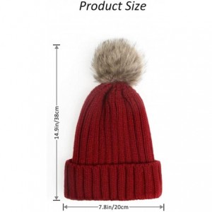 Skullies & Beanies Women Knit Winter Turn up Beanie Hat Faux Fur Pompom Hat for Girls Women - Red - CP18XIQ2QGE $12.85