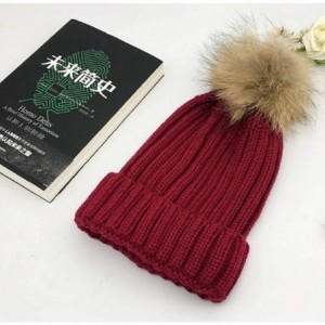 Skullies & Beanies Women Knit Winter Turn up Beanie Hat Faux Fur Pompom Hat for Girls Women - Red - CP18XIQ2QGE $12.85