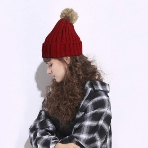 Skullies & Beanies Women Knit Winter Turn up Beanie Hat Faux Fur Pompom Hat for Girls Women - Red - CP18XIQ2QGE $12.85