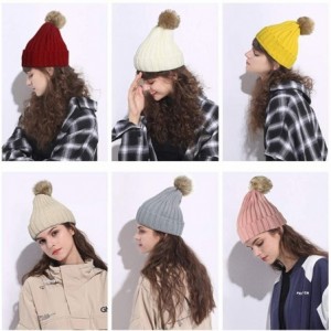 Skullies & Beanies Women Knit Winter Turn up Beanie Hat Faux Fur Pompom Hat for Girls Women - Red - CP18XIQ2QGE $12.85