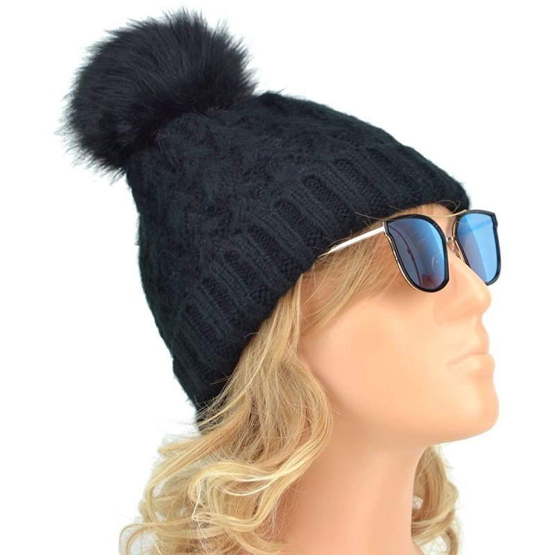 Skullies & Beanies Warm Thick Slouchy Chunky Cable Knit Beanie Hat Winter Hat with Pom Pom - Black - C8186GRMCNA $12.40