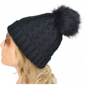 Skullies & Beanies Warm Thick Slouchy Chunky Cable Knit Beanie Hat Winter Hat with Pom Pom - Black - C8186GRMCNA $12.40