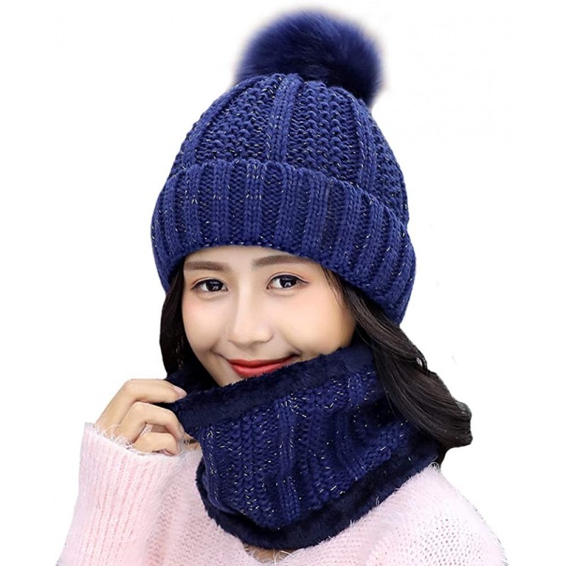 Skullies & Beanies Womens Winter Beanie Hat Scarf Set Warm Fuzzy Knit Hat Neck Scarves - C-navy - CK18ZDQG6EE $13.78