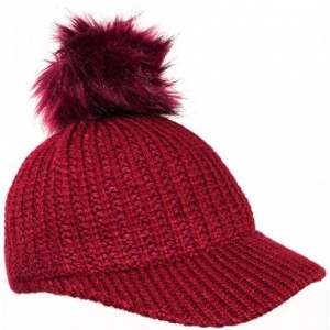 Baseball Caps Ribbed Knit Baseball Cap Hat w/Removable Faux Fur Pom Pom- Adjustable - Burgundy Red - C318I877YUO $17.86