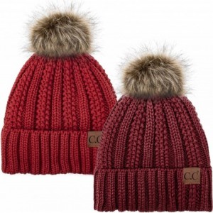 Skullies & Beanies Thick Cable Knit Hat Faux Fur Pom Fleece Lined Cap Cuff Beanie 2 Pack - Burgundy/Red - CE1925274MR $21.60