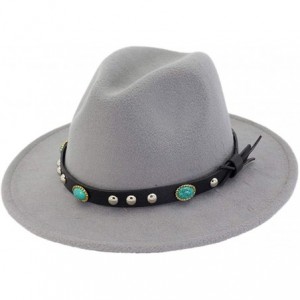 Fedoras Adult Wool Panama Hats Wide Brim Jazz Fedora Caps Turquoise Leather Band - Gray - CJ18H9ZR9RK $17.48