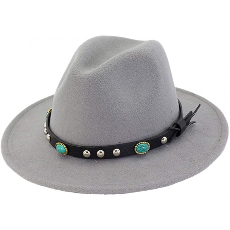 Fedoras Adult Wool Panama Hats Wide Brim Jazz Fedora Caps Turquoise Leather Band - Gray - CJ18H9ZR9RK $26.75