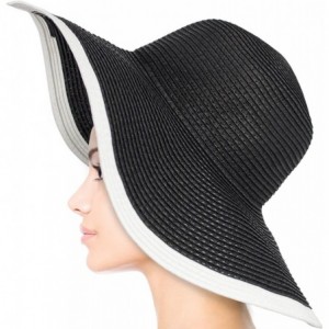 Sun Hats Women's Summer Sun Hat - White Edge Brim Floppy Straw Black Hat - CO11Y4XMYBT $28.83