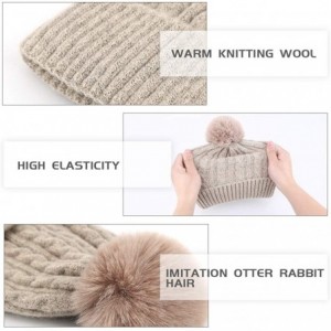 Skullies & Beanies Women's Cold Weather Beanie Hat with Imitation Rex Rabbit Fur Ball- Winter Knitted Skull Cap for Women - B...