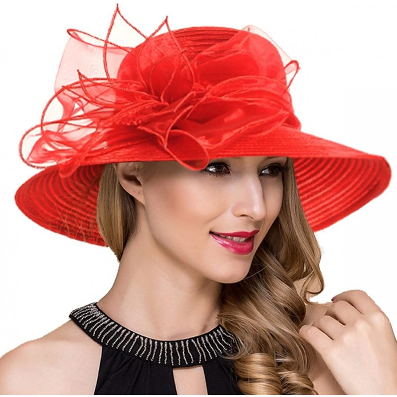 Bucket Hats Women Kentucky Derby Church Dress Cloche Hat Fascinator Floral Tea Party Wedding Bucket Hat S052 - Red - C018C7K0...