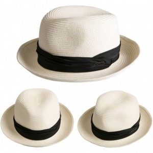 Fedoras Unisex Straw Fedora Hat Summer Beach Cuban Trilby Sun Hats Curl Brim - White - C21805Z5O4K $12.53