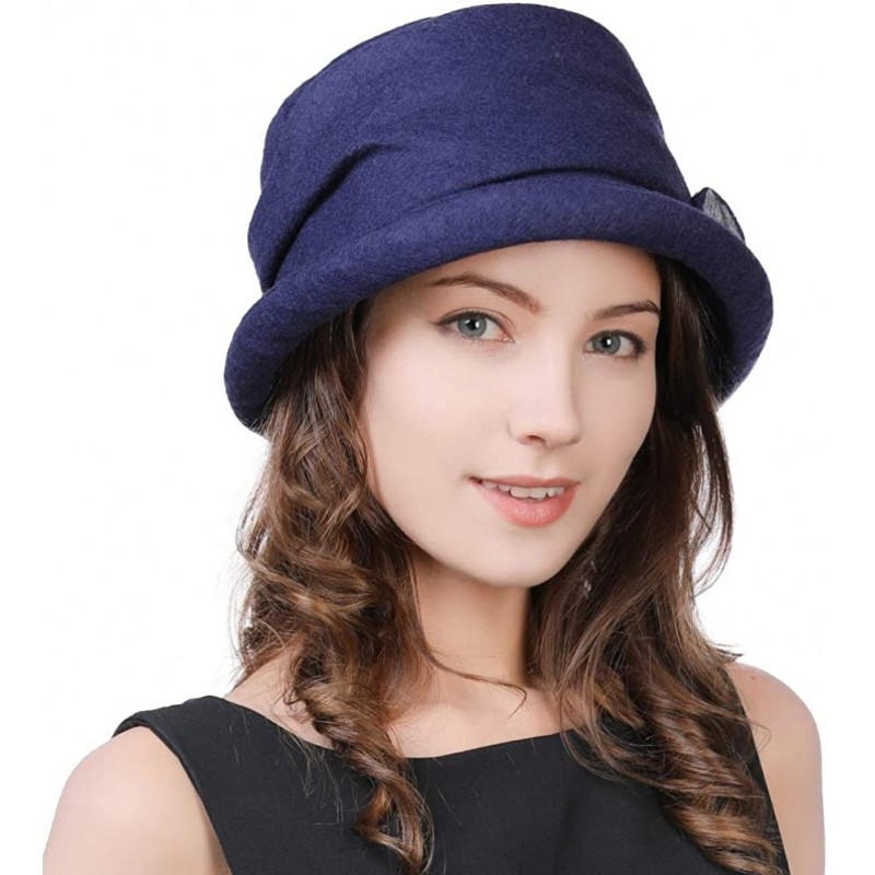 Fedoras Womens Wool Blend Winter Bucket 1920s Vintage Derby Hat Fedora Round Fall Bowler 55-59cm - 89369-navy - CY18IIG5MUN $...