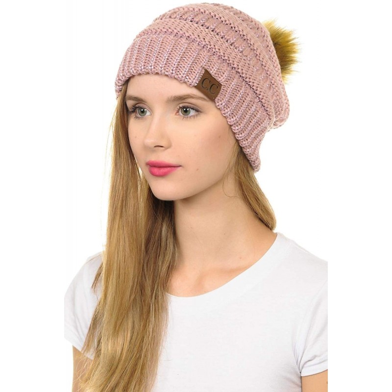 Skullies & Beanies Hat-43 Thick Warm Cap Hat Skully Faux Fur Pom Pom Cable Knit Beanie - Metallic Rose - CQ18X5NI9E4 $13.01