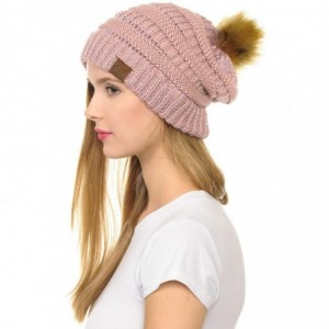 Skullies & Beanies Hat-43 Thick Warm Cap Hat Skully Faux Fur Pom Pom Cable Knit Beanie - Metallic Rose - CQ18X5NI9E4 $13.01