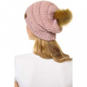 Skullies & Beanies Hat-43 Thick Warm Cap Hat Skully Faux Fur Pom Pom Cable Knit Beanie - Metallic Rose - CQ18X5NI9E4 $13.01
