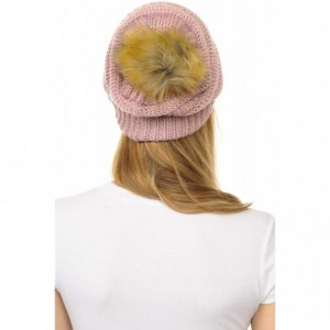 Skullies & Beanies Hat-43 Thick Warm Cap Hat Skully Faux Fur Pom Pom Cable Knit Beanie - Metallic Rose - CQ18X5NI9E4 $13.01