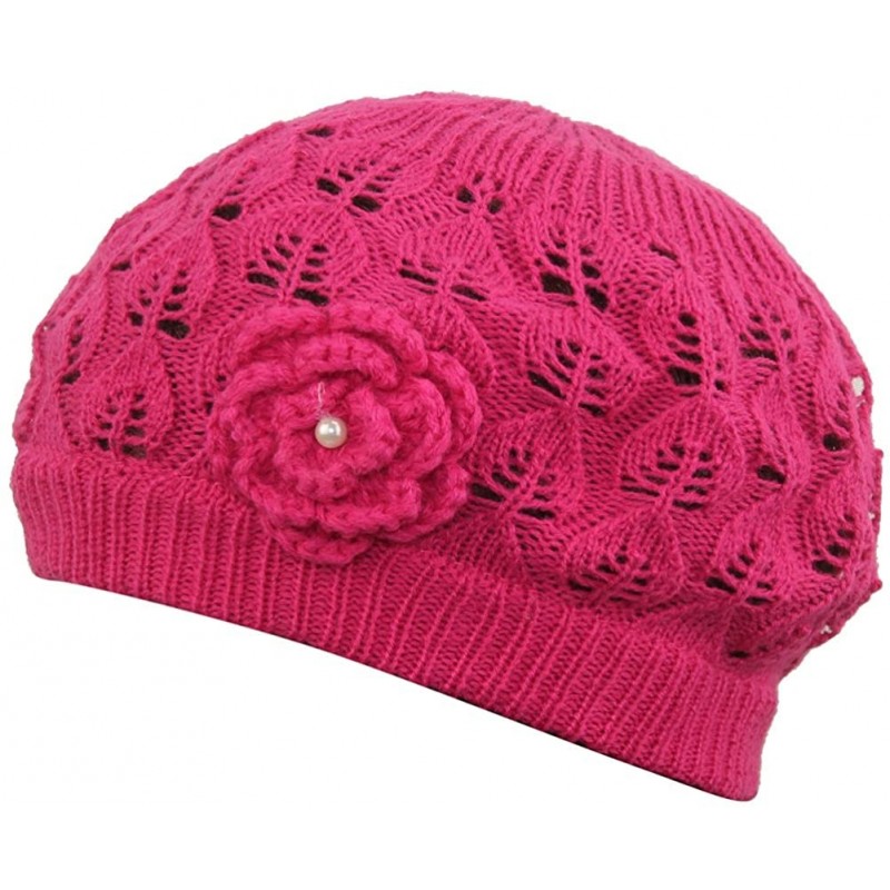 Skullies & Beanies Womens Super Soft Flower Laciness Knit Beanie Hat - Pink - CO11ZVCXBX7 $12.63