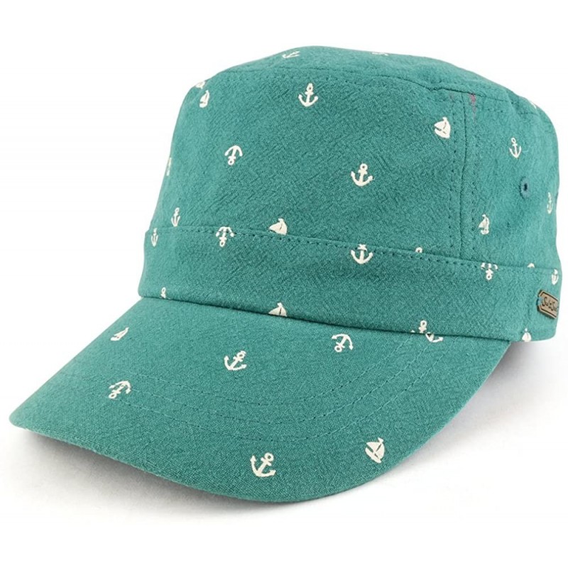 Baseball Caps Flat Top Style Cotton Linen Army Cap with Anchor Print Pattern - Teal - C5186TM82QE $9.75