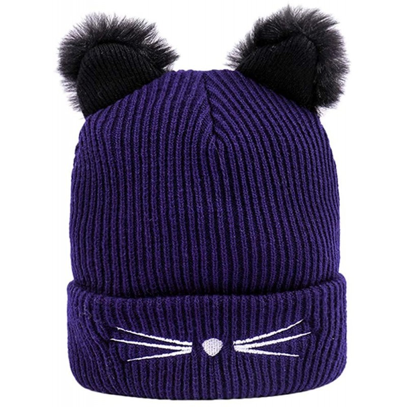Skullies & Beanies Women Winter Fashion Keep Warm Cat Ear Winter Hats Knitted Wool Hemming Hat - Navy - CD18KQA8O6N $9.91