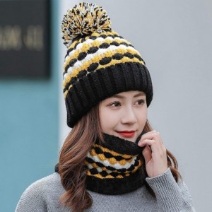 Skullies & Beanies 2 Pcs Knitted Hat Scarf Set for Women Winter Warm Fleece Lined Beanie Hat Ski Hat with Pompom - Black - CT...