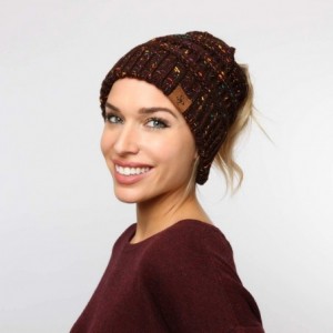 Skullies & Beanies Confetti Sparkle Knitted Ponytail Beanie with Stretch Cable on top for Messy Bun - Dark Browm - C318K6RCKM...