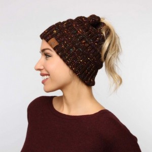 Skullies & Beanies Confetti Sparkle Knitted Ponytail Beanie with Stretch Cable on top for Messy Bun - Dark Browm - C318K6RCKM...