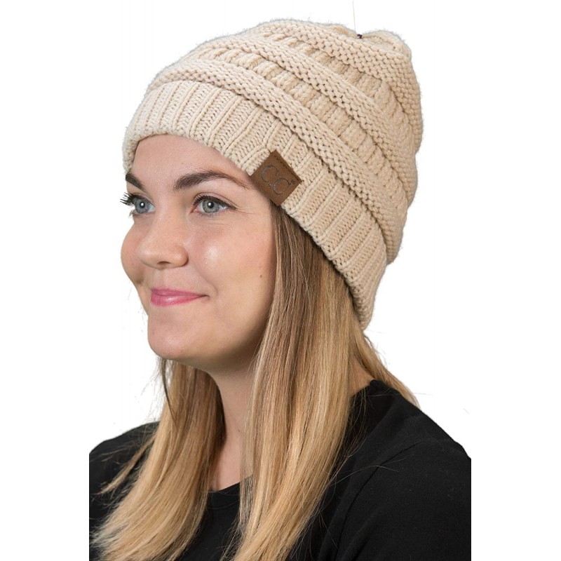 Skullies & Beanies Solid Ribbed Beanie Slouchy Soft Stretch Cable Knit Warm Skull Cap - Beige - CO126VPQY3L $10.58