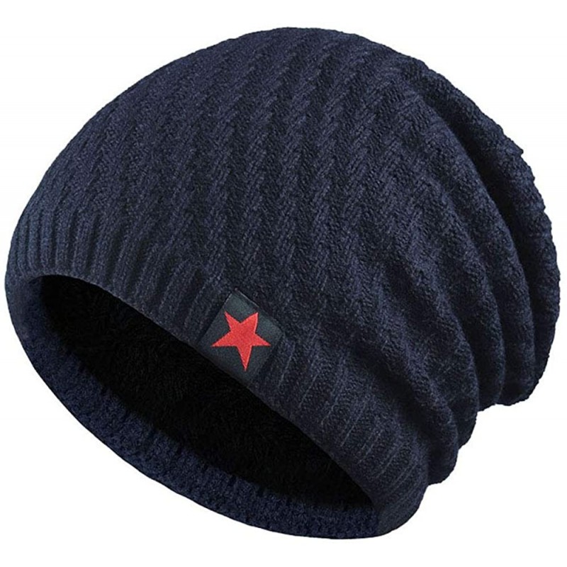 Skullies & Beanies Men Winter Skull Cap Beanie Large Knit Hat with Thick Fleece Lined Daily - N - Navy Blue - C518ZGSDYU0 $11.94