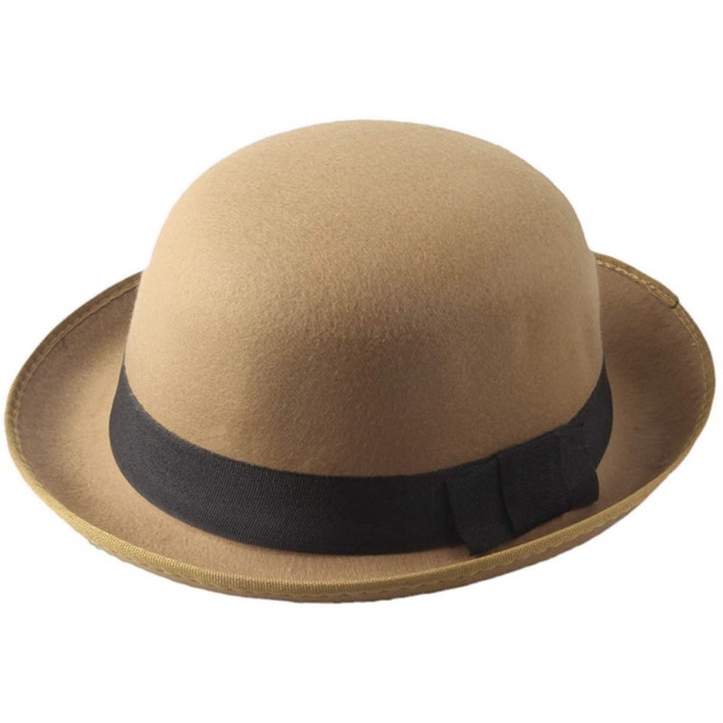 Fedoras Retro Hard Felt Women Men Fold Brim Billycock Round Top Crown Bowler Derby Hat (Size-57cm) - Khaki - CZ18MDOWMTQ $38.91