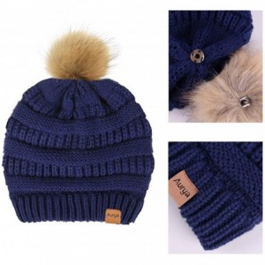 Skullies & Beanies Cable Knit Pom Pom Beanie Womens Winter Warm Faux Fur Pompoms Bobble Ski Hat Cap - Dark Blue - CY18K4YH7QT...