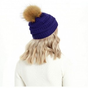 Skullies & Beanies Cable Knit Pom Pom Beanie Womens Winter Warm Faux Fur Pompoms Bobble Ski Hat Cap - Dark Blue - CY18K4YH7QT...