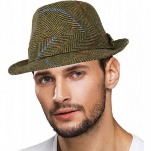 Fedoras Men's Classic Wool Herringbone Plaid Winter Fall Derby Fedora Trilby Hat - Khaki - CN18YSY8C5S $21.09