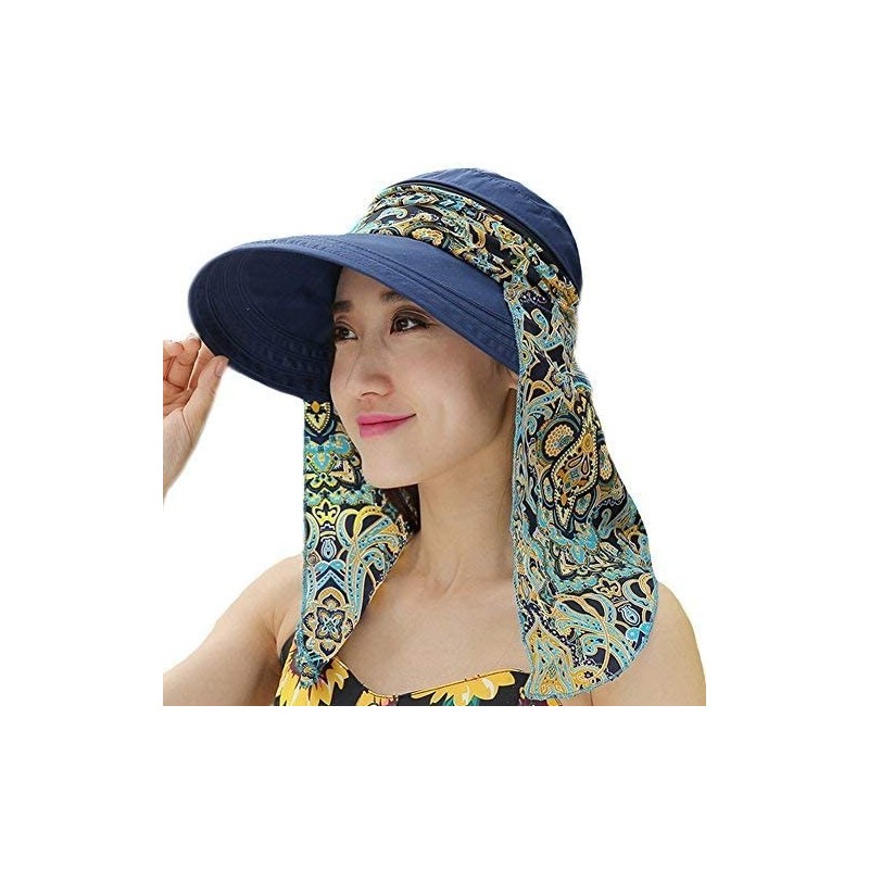 Sun Hats Ladies Summer Beach Cotton Big Brim Foldable Sun Floppy Sunblock Hat Hats Visor - Navy - C012E5MMVIT $10.55