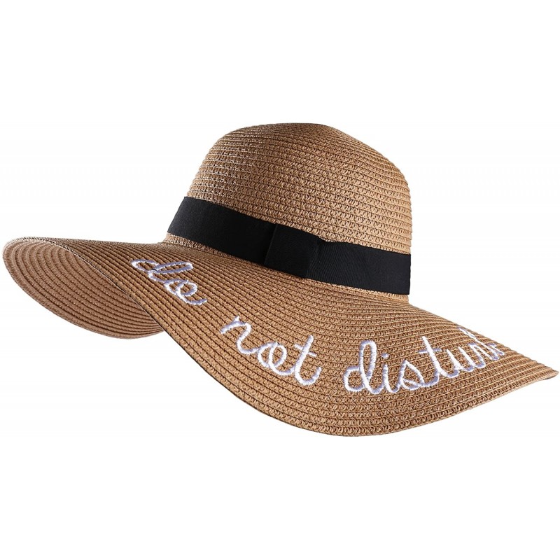 Sun Hats Embroidery Large Floppy Wide Brim Straw Foldable Beach Sun Hat Caps - Tan - C218322XE9L $10.90