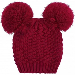 Skullies & Beanies Womens Winter Thick Cable Knit Beanie Hat with Faux Fur Pompom Ears - Z_burgundy Beanie - CQ18HT4QG3Z $11.54