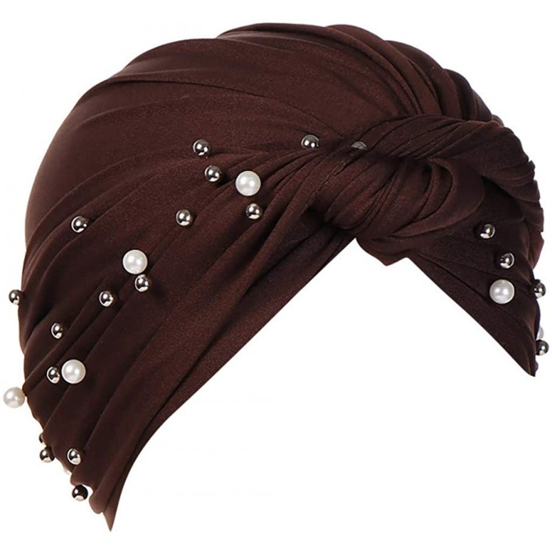 Bomber Hats Women Muslim Turban Pearl Hat Bonnet Hijab Headscarf Islamic Chemo Cap - Coffee - CQ18RAYEH4S $11.77