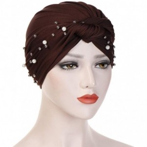 Bomber Hats Women Muslim Turban Pearl Hat Bonnet Hijab Headscarf Islamic Chemo Cap - Coffee - CQ18RAYEH4S $11.77