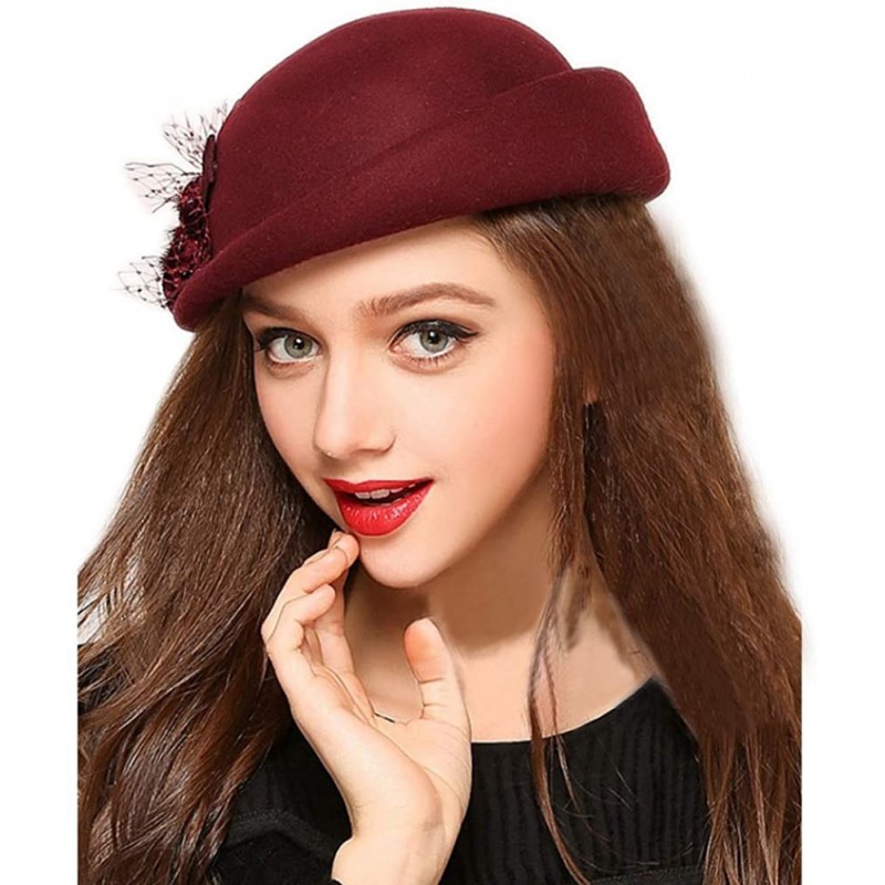 Berets Womens 100% Wool Veil Flower Pillbox Hat Winter Hat Crimping Beanie Hat - Wine Red - CO18775T042 $17.23